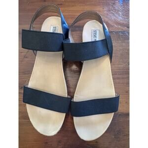 Steve Madden Black Leather Wooden Flatform Sandals, Size 9